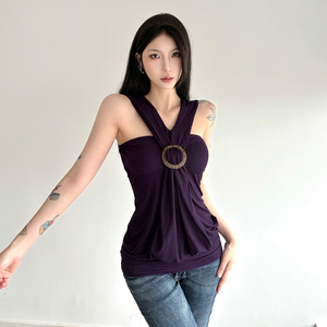 Y2K Party Women's Cross Halter O-Ring Detail Tank Top, Draped Ruched Slim Fit Party Top - Product Image 5