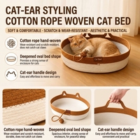 Lit pour chat pliable en corde de coton tressée avec une balle de jeu, panier de couchage pour chat d'intérieur avec poignées en forme d'oreilles de chat