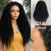 Perruque synthétique 13x4 Lace Front 28 pouces noire longue bouclée crépue Pixie pour femme résistante à la chaleur avec raie libre vente en gros