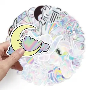 Stiker dekorasi hologram vinil warna penuh, perekat tahan air, stiker kertas kawaii holografik