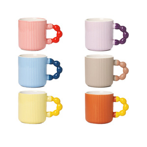 <b>Ceramic</b> Mug Solid Color Ribbed Design With Beaded Handle Gift <b>Cup</b> For Coffee Tea Water Office Use - Product Image 1