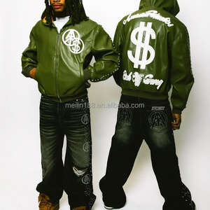 Latest Fashion Design Custom Label <b>Pullover</b> Zipper Leather Hoodies <b>Jackets</b> Embroidery Patch Rhinestone Leather Hoodie <b>Men</b> - Product Image 1
