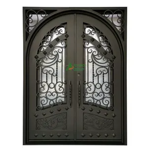 Pintu masuk utama logam mewah muka eksterior ganda besi tempa pintu gerbang masuk depan dengan jendela yang dapat dibuka