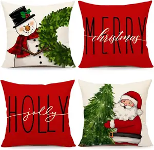 Set of 4 Farmhouse Christmas Decorations Snowman Wreath Santa Claus Tree Red Christmas Pillow Covers