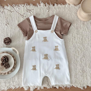 Conjunto de ropa de bebé cómoda de verano de 0 a 18 <span class=keywords><strong>meses</strong></span>, bonita camiseta de Color sólido, mono con estampado de oso de peluche, correa para el hombro, artículo caliente - Product Image 5