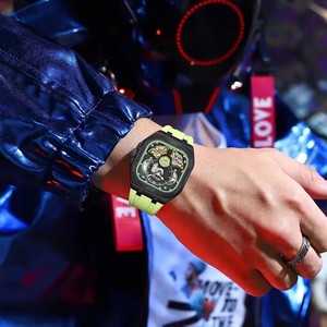 AILANG Montre mécanique pour homme, cadran analogique tourbillon, boîtier noir, bracelet en silicone bleu, mode luxe, boîtier polygone 43 mm - Product Image 3