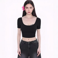 T-shirt court moulant Y2K rouge uni en coton et élasthanne pour femme, dos nu sexy, coupe carrée, respirant, anti-boulochage, écologique