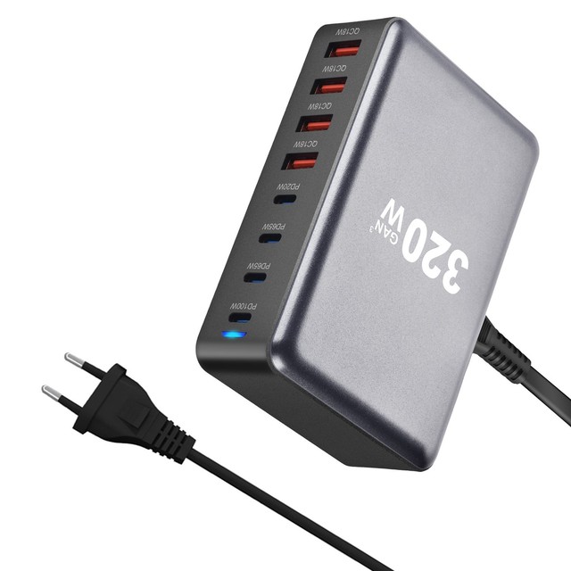 Gan Technology 320W USB C Laptop Charger Fast 4A4C PD 100W 65W 45W 20W QC3.0 18W with 40W & 30W Output for Macbook Mobile Phone