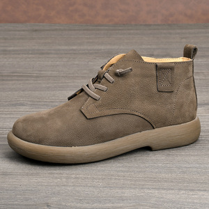 Genuine Leather Ankle Boots <b>Round</b> <b>Toe</b> Flat <b>Heel</b> Plush Lining Anti Slip Retro Style Men's Winter Shoes - Product Image 2
