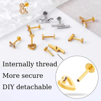 Hengsen ASTM F136 Titanium Ear Lobe Earrings CZ Heart Snake Cross Flat Back Stud Earring Cartilage Helix Labret Piercing Jewelry