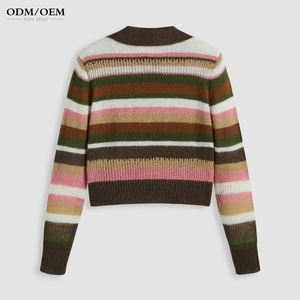 Pull court à rayures en tricot pour femme, nouvelle collection Printemps 2025, style rétro, col à revers, manches longues, style universitaire - Product Image 5