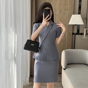 Women's Grey Short Sleeve Suit Set Summer Formal Breathable Polyester Women's Wear - Product Image 3