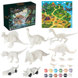 Set di Pittura Dinosauri WAYEE: 4 Dinosauri Grandi, 6 Figure Piccole, 2 Auto Dino a Inerzia Dipingibili |   12 colori acrilici inclusi in plastica - Product Image 6