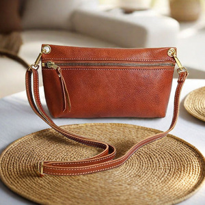 Handmade Genuine Leather Crossbody <b>Bag</b> Brown Vintage Style Zipper Closure Single Strap Women's Shoulder <b>Bag</b> Summer 2024 - Product Image 1