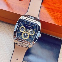 Montre à quartz tonneau pour homme, 43 mm, 20 mm, boîtier bicolore argent et or, cadran noir ajouré, multi-sous-cadrans, bracelet en caoutchouc