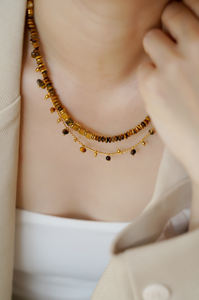 สร้อยคอสไตล์วินเทจ <span class=keywords><strong>JoJo</strong></span> สำหรับทุกเพศ ขายดี ลูกปัดไทเกอร์อายและพิคเจอร์แจสเปอร์ ชุบทอง 14K หินธรรมชาติ ทำด้วยมือ - Product Image 3