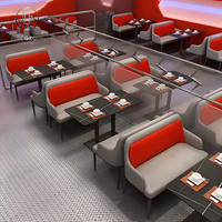 Ensemble de meubles de restaurant, café et bar moderne, tables à plateau foncé et chaises à dossier rouge et assise grise, durable et complet pour la salle à manger