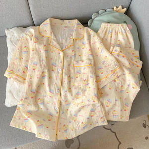 Nuovo <span class=keywords><strong>pigiama</strong></span> estivo di cotone per le donne dolce cartone animato pantaloncini a <span class=keywords><strong>maniche</strong></span> <span class=keywords><strong>corte</strong></span> <span class=keywords><strong>pantaloni</strong></span> <span class=keywords><strong>lunghi</strong></span> tre pezzi per la casa abbigliamento da donna capispalla - Product Image 3