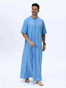 <b>Men's</b> Light Blue Cotton <b>Thobe</b> Short Sleeve Floor Length Casual Loose Fit Round Neck Embroidered Pocket Daily Wear Middle East - Product Image 1