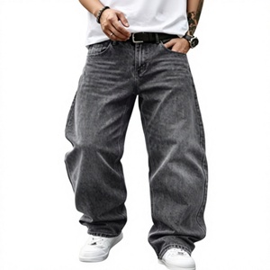Jean ample taille haute en denim de coton délavé pour homme, motif cachemire bohème, coupe décontractée, grandes tailles, avec braguette zippée - Product Image 1
