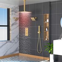 Ensemble de robinetterie de douche thermostatique à 3 poignées avec deux douches carrées LED de 6 pouces, jet complet, finition or brossé, en laiton