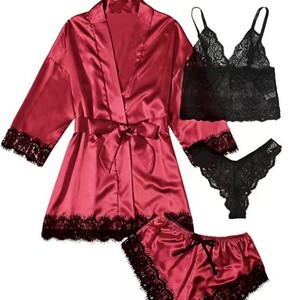 Quattro pezzi neri Set comode camicie <span class=keywords><strong>da</strong></span> <span class=keywords><strong>notte</strong></span> con rifiniture in pizzo e pantaloni termici e Sexy per le donne per l'autunno e la primavera - Product Image 5