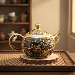 กาน้ำชาโลหะแบบจีนโบราณพร้อมฝาปิดและหูจับ ลวดลายภูมิทัศน์แบบนูน - Product Image 3