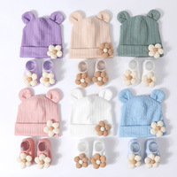 Conjunto de Gorro y Calcetines de Algodón y Poliéster con Diseño Floral de Color Sólido Unisex para Bebés de 0 a 12 Meses, Gorro para Recién Nacidos para las Cuatro Estaciones