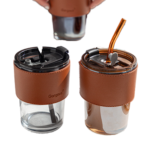 Mug en verre de style classique portable avec étui en cuir, cadeau d'affaires en stock pour le café et les jus, boissons chaudes/froides - Product Image 4