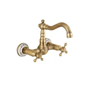 Wall Mounted Antique Brass Kitchen FaucetとDouble Cross Handle Wall Kitchen Tap Mixer