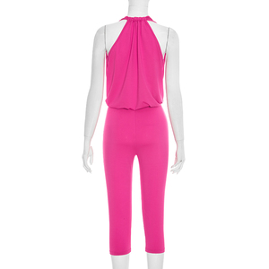 Viviblook D26JP257 Mono informal para mujer, mono sexy sin mangas con cuello en V y hombros descubiertos, mono de longitud media de color sólido - Product Image 5
