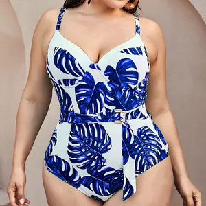 DAMOCHIC 2023 Blue Tropical Leaf Print Swimsuit 3xl Luxury Waist Belt One Piece Plus Size Swimwear Bikini for Fat Women Supplier