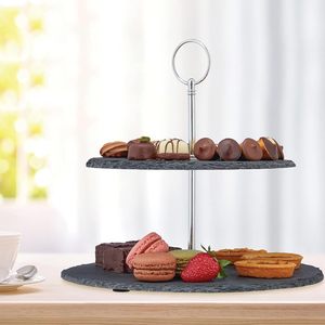 Support à gâteau en ardoise à 2 niveaux, cadre métallique rond avec crochet, pieds antidérapants, vaisselle de fête - Product Image 6