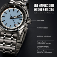 Montre mécanique pour homme, cadran bleu glace, index noirs, lunette intérieure, fenêtre de date, boîtier coussin, bracelet