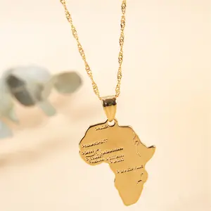 时尚不锈钢金色非洲地图吊坠项链非洲造型地图嘻哈不锈钢链条项链