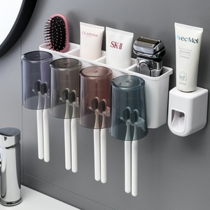 Wall Mounted Toothbrush Holder Set With <b>Toothpaste</b> <b>Dispenser</b> Suction Cup Mount For Bathroom Family Use - Product Image 1