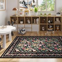 Tapis floral vintage noir à poils ras, résistant aux taches, lavable, antidérapant, pour salon, ferme, salle de jeux pour enfants, décoration