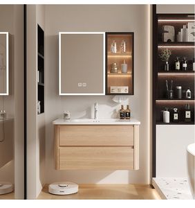 Wall Hung Cabinet with <b>Mirror</b> and White Ceramic Basin Wholesale Brown Fluted Bathroom Vanity - Product Image 5