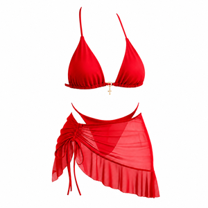 Red <b>Triangle</b> <b>Bikini</b> Swimsuit <b>Set</b> Sheer Wrap Skirt Beachwear Swimwear for Women - Product Image 6