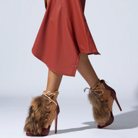 Sandales tendance à bout ouvert en fausse fourrure de renard, talon aiguille, lacets, couleur bordeaux pour femmes