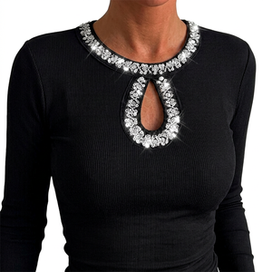 Top de punto negro de manga larga para mujer con diseño recortado en el cuello redondo y lentejuelas, ropa sexy para discoteca - Product Image 1
