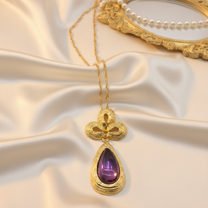 Conjunto de Joyería Estilo <span class=keywords><strong>Victoria</strong></span> Court, Collar y Pendientes de Oro Vintage con Amatista Sintética en Forma de Lágrima, Piedra Púrpura Solitaria de Gran Cantidad - Product Image 3
