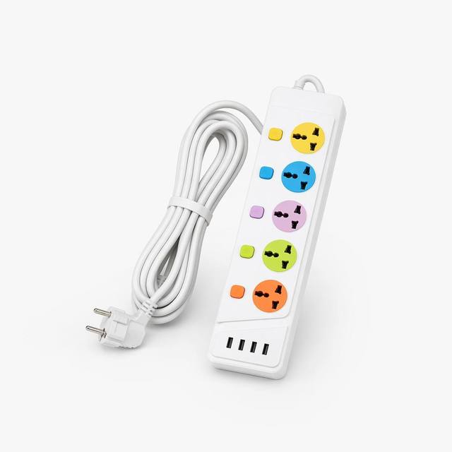 CJYW YW-129 Universal Power Strip 5 Way Multi Socket 4 USB Ports Individual Control Switches Colorful Extension Socket 2m Cable