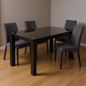 Ensemble de table à manger rectangulaire moderne Db, verre trempé, pieds en métal noir, 4 places, pour salon ou cuisine - Product Image 2