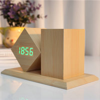 Horloge de bureau numérique créative avec support pour stylo, réveil vocal, LED silencieuse, en bois, moderne, pour bureau, salon, cadeau électronique