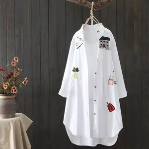 Wholesale Spring And Autumn Literary Embroidery Loose Medium-length Sun Shirt Women's Shirt Cotton Versatile Casual Ladies Shirt