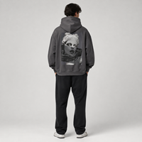 Sweat à capuche personnalisé avec impression arrière, motif statue, coupe oversize, grammage lourd, gris anthracite, épaules tombantes, poche kangourou, style streetwear, vente en gros