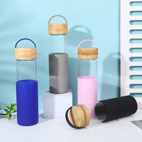 Bouteille d'eau en verre borosilicate de 17 oz avec couvercle en silicone et couvercle en bambou anti-fuite, bouteille d'eau pour l'extérieur, bouteille d'eau pour la salle de sport