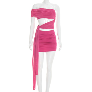 Viviblook D26DS051 Women Summer Dresses Solid Color Sexy Off Shoulder Mesh Hollow Out Straps <b>Mini</b> Bodycon Dress - Product Image 3