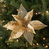 Décorations de Noël 2025 : Ornements pour sapin de Noël, fleurs artificielles rouges, poinsettias dorés scintillants, fleurs de Noël